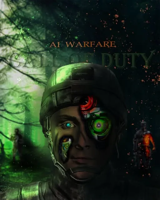A soldier in green forest light with a cybernetic eye, embers in the air and a figure behind.