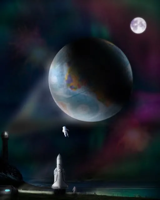 A planet rising over dark water, with a small figure in the foreground.