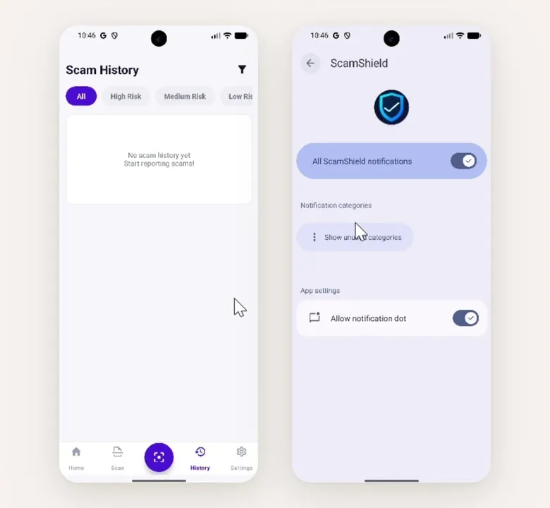 Scam history filtered by risk level, showing its empty state, beside Android’s notification settings for ScamShield listing the channels the app declares.