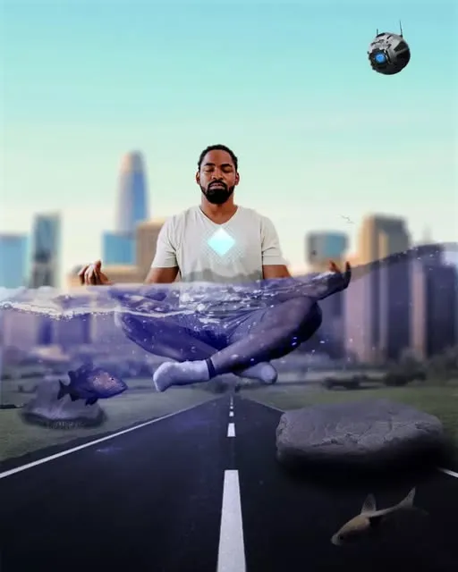 A man sitting cross-legged on the back of a whale that swims through water covering an empty road, with a city skyline behind and a small drone above.